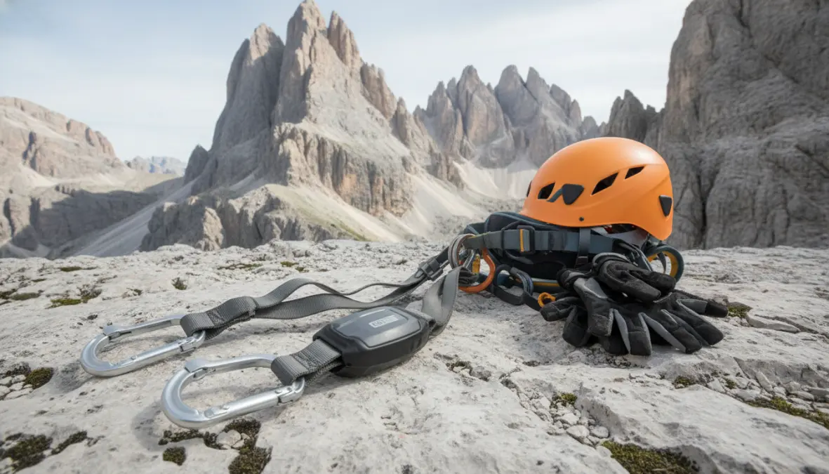 Essential via ferrata equipment including safety harness and carabiner system for Dolomites climbing