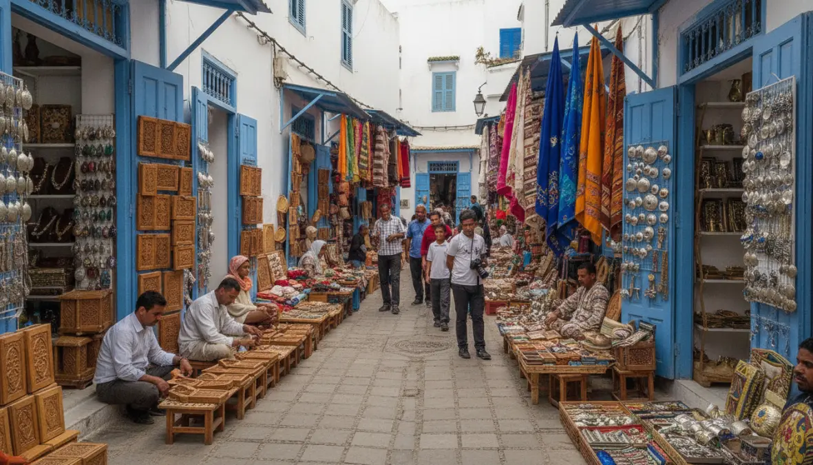 Essaouira medina souks with traditional thuya wood crafts and blue architecture
