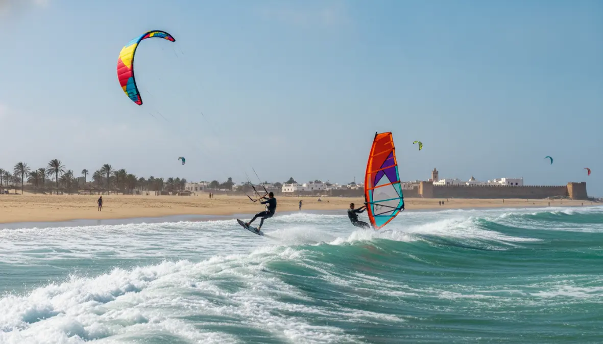 Essaouira windsurfing and kitesurfing on Atlantic coast Morocco with medina background