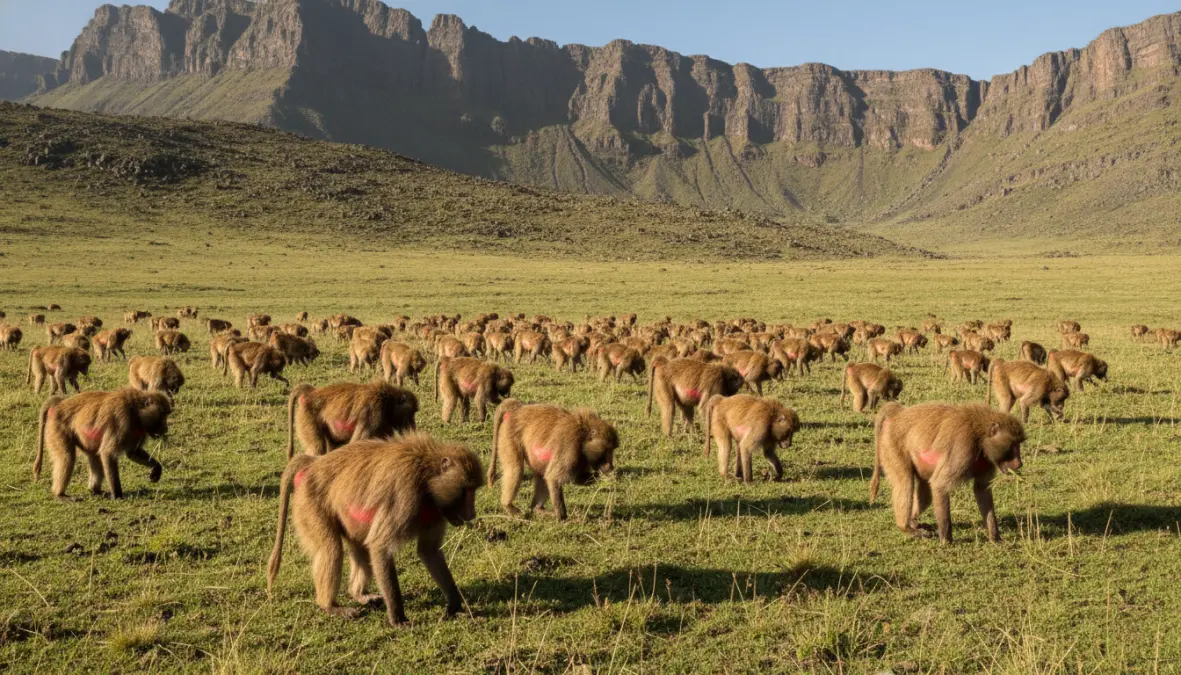 Gelada baboons grazing in Simien Mountains National Park with escarpment views behind