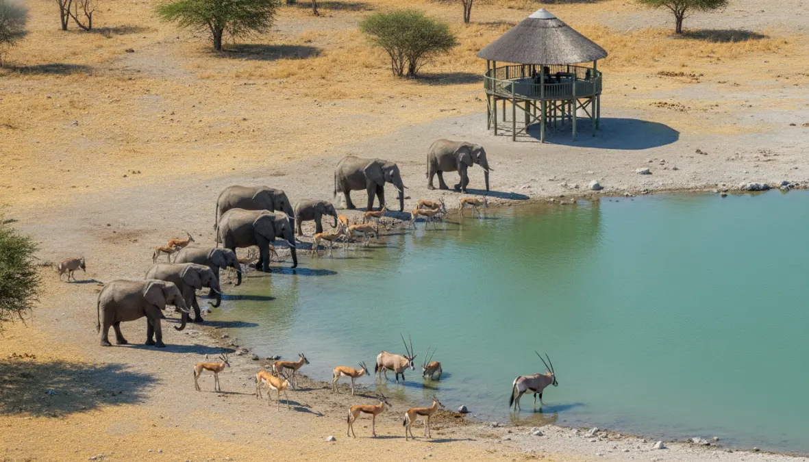 Okaukuejo waterhole wildlife viewing with multiple species during Etosha self-drive safari