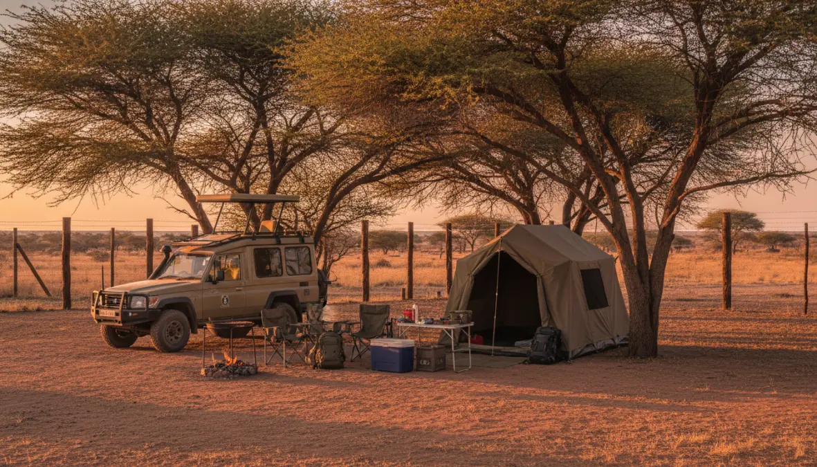 Etosha camping site setup for self-drive safari travelers at rest camp