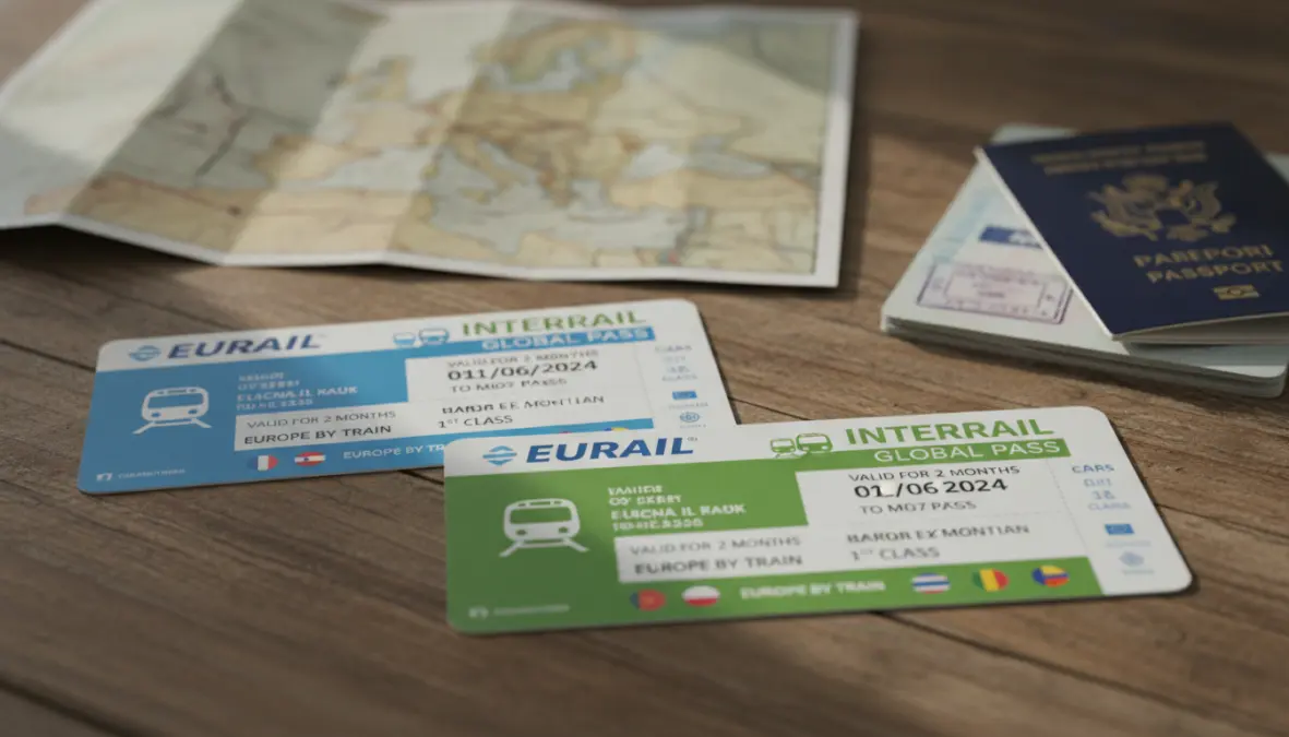 Comparison of Eurail pass and Interrail pass side by side with travel documents