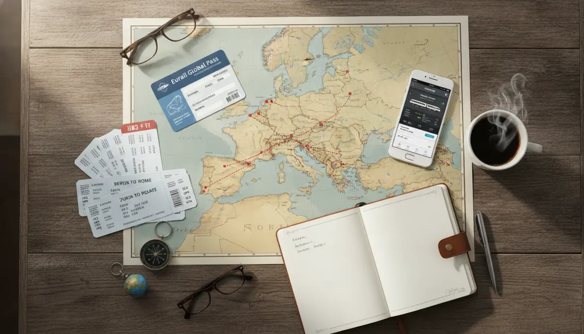 European train pass planning with map showing global pass coverage across multiple countries