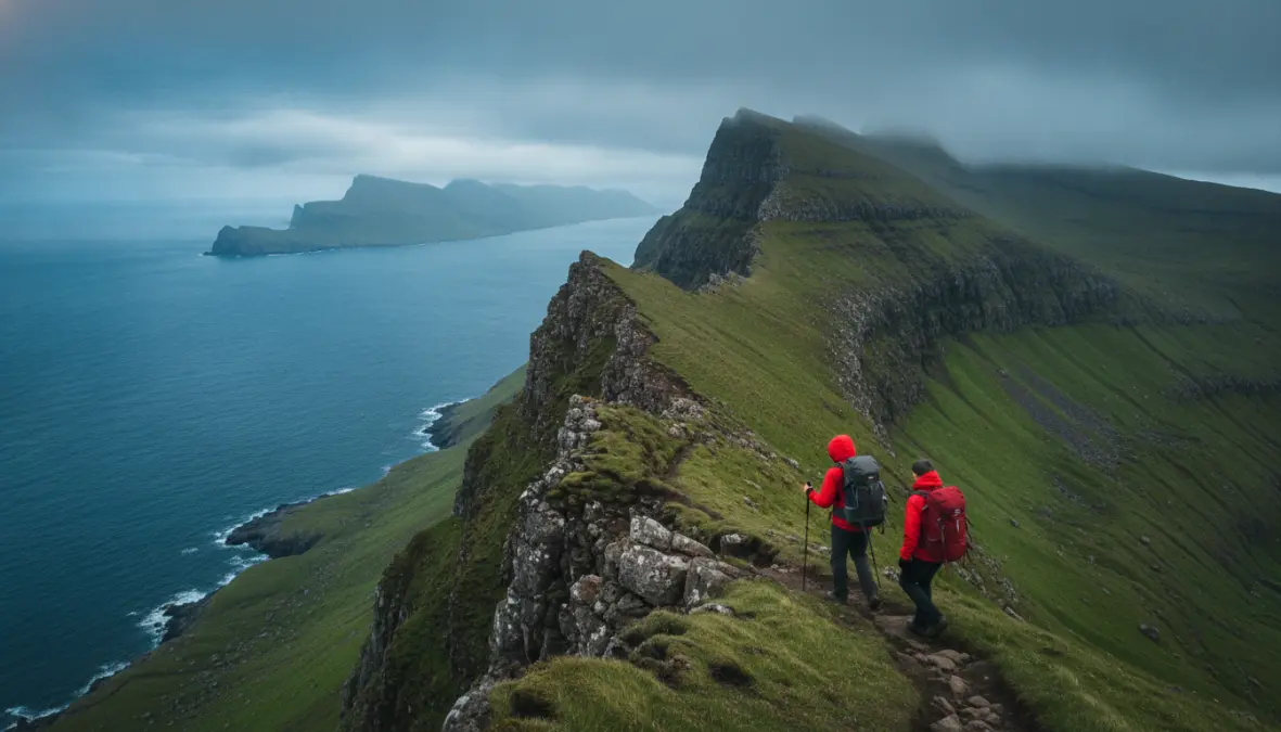 Faroe Islands hiking trail with dramatic cliffs and Atlantic Ocean views