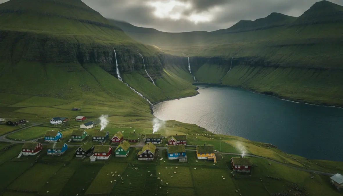 Traditional Faroese village with turf-roofed houses and dramatic fjord landscape