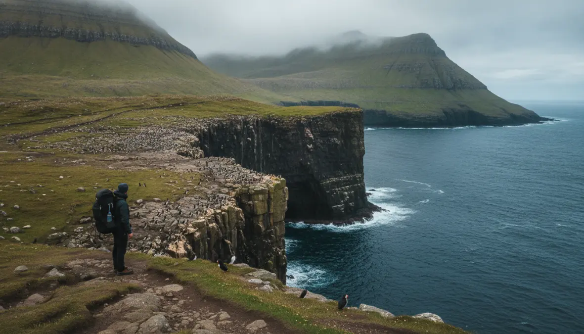 Hiker exploring remote coastal trails in Faroe Islands with dramatic cliffs and seabirds