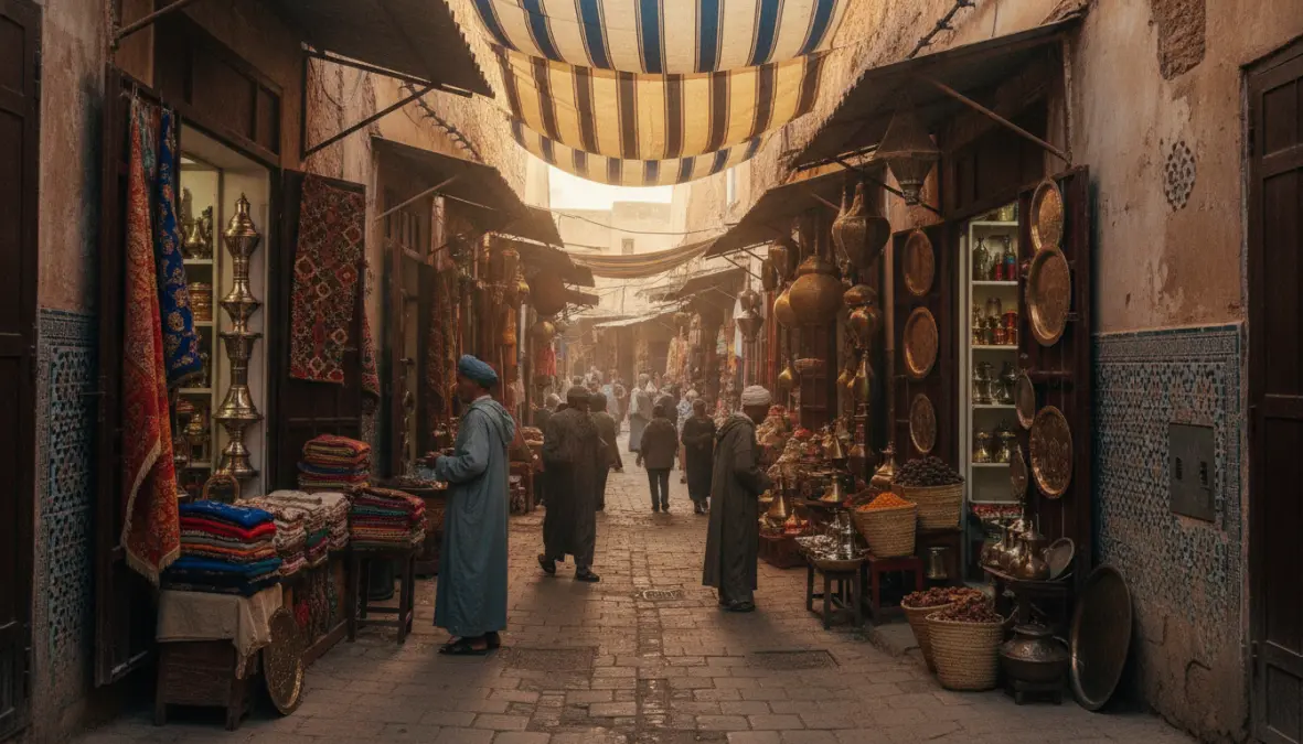 Vicoli stretti della medina Fes el Bali con negozi tradizionali e artigiani marocchini