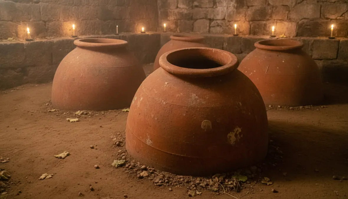 Qvevri tradizionali georgiani interrati in una cantina vinicola del Kakheti per la produzione di amber wine