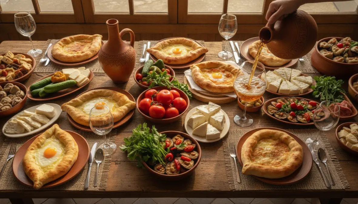 Tavolo della supra georgiana durante un'esperienza di Georgian wine tasting con cibo tradizionale e vino locale