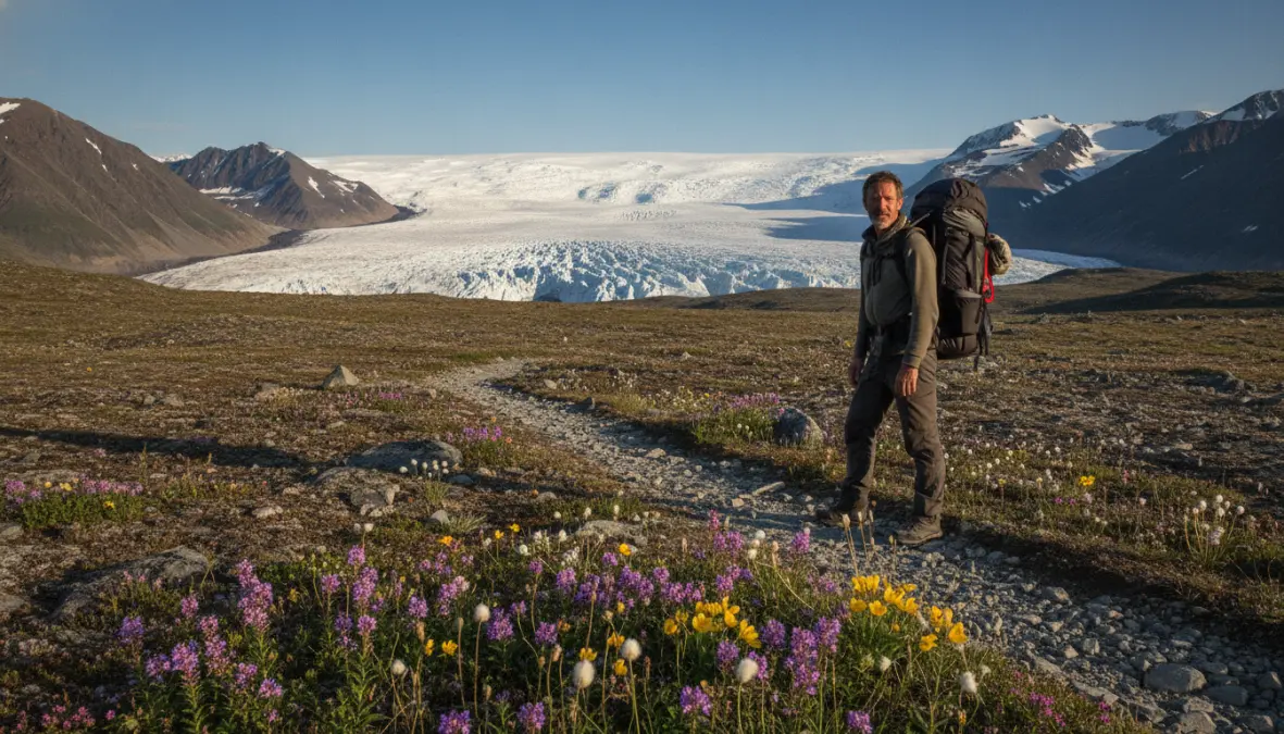 Greenland hiking trails guide showing hiker on Arctic tundra with glacier views