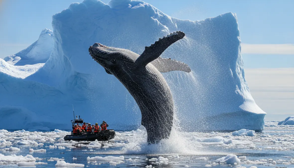 Arctic wildlife watching in Greenland showing whale watching near icebergs in Disko Bay