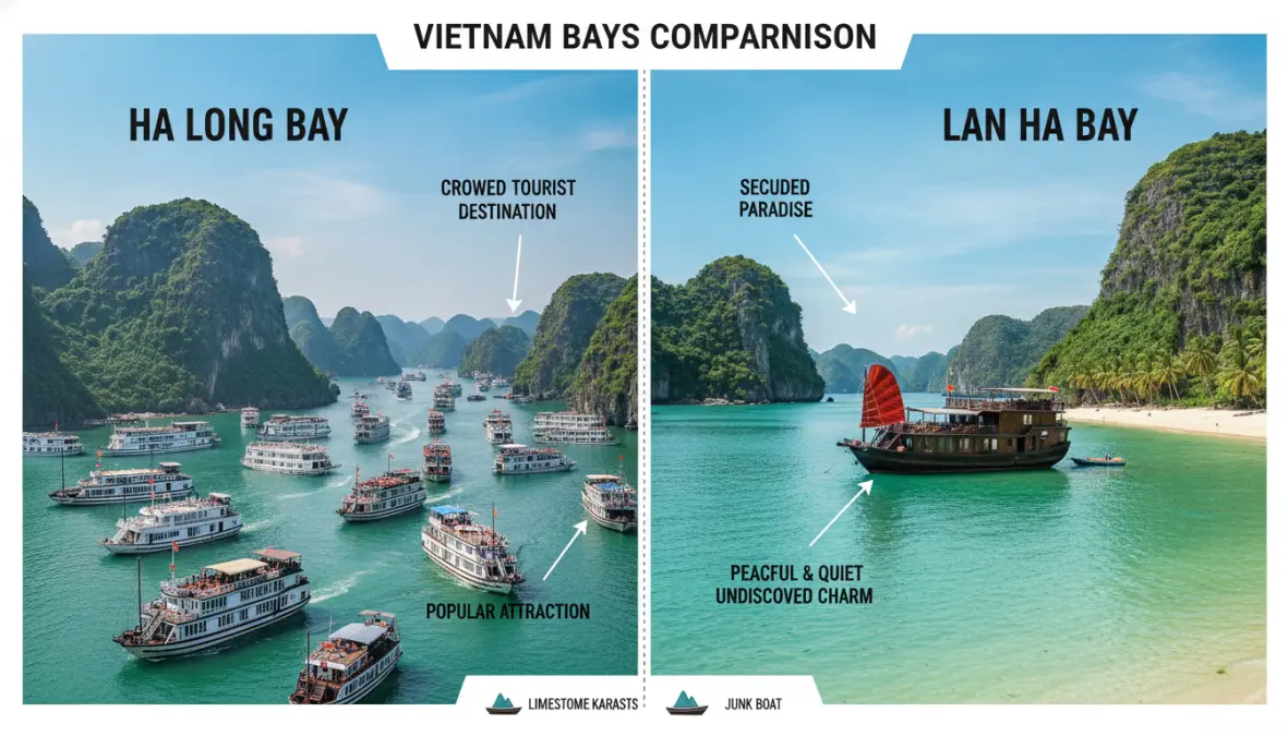 Visual comparison of Ha Long Bay crowded tourist areas versus peaceful Lan Ha Bay secluded beaches