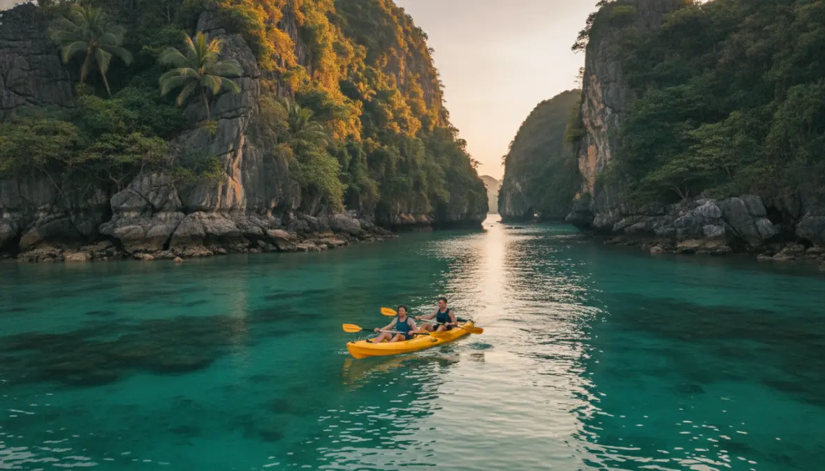 Kayaking adventure in Lan Ha Bay's secluded waters among limestone karsts during Vietnam cruise