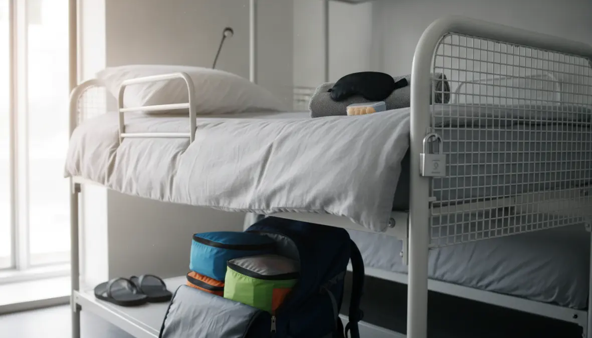Essential items for hostel dorm stay including padlock and packing organizers