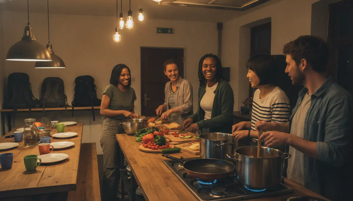 Travelers meeting and cooking in hostel shared kitchen - backpacking community
