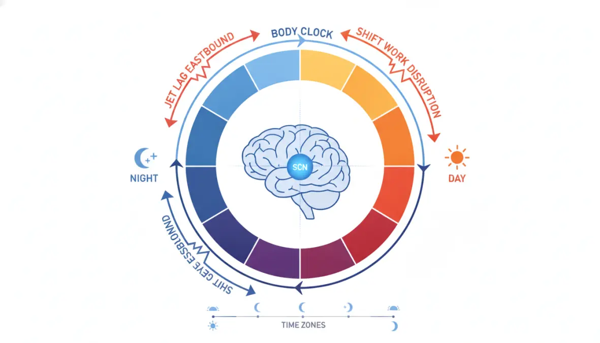 Circadian rhythm disruption diagram showing how jet lag affects the body clock