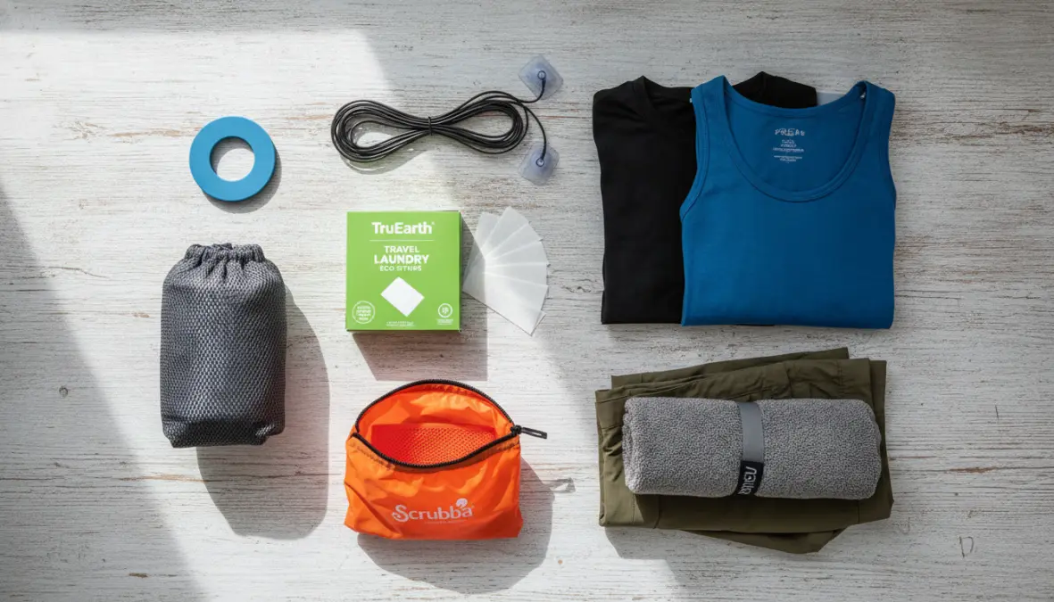 Essential portable laundry travel gear including clothesline, travel detergent, and washing accessories