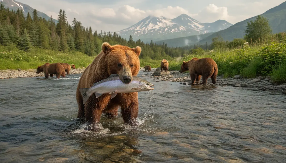 Brown bears fishing for salmon in Kamchatka wilderness river with volcanic mountains