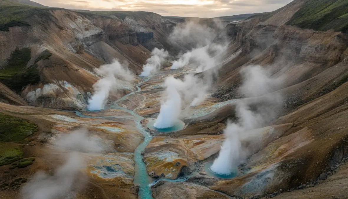 Valley of Geysers Kamchatka with erupting geysers and colorful hot springs in volcanic canyon