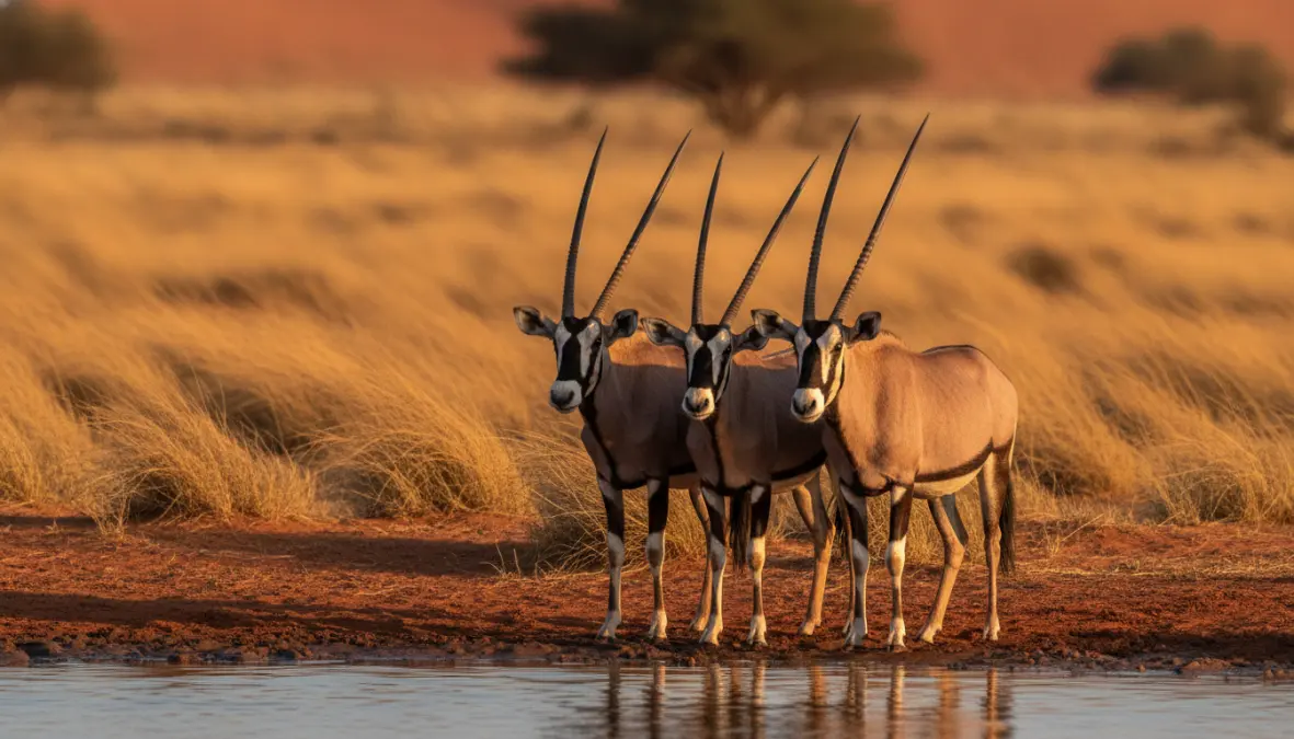 Gemsbok oryx antelope at waterhole in Kgalagadi Transfrontier Park Kalahari Desert wildlife safari