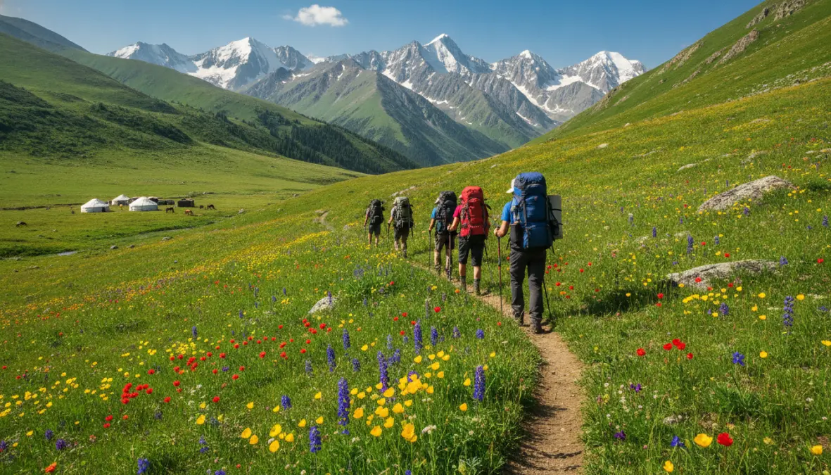 Hikers on Kyrgyzstan trekking trail approaching Song Kol Lake with alpine meadows and mountains