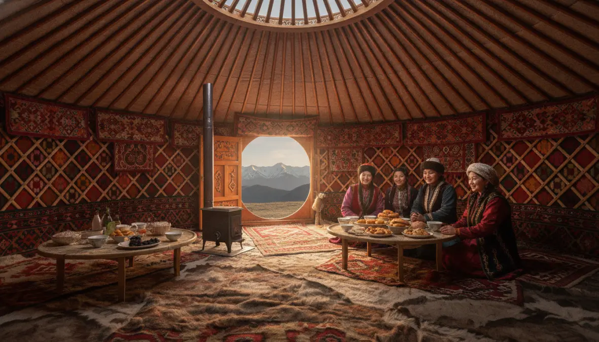 Traditional nomadic yurt accommodation during Kyrgyzstan trekking adventure in Tian Shan mountains