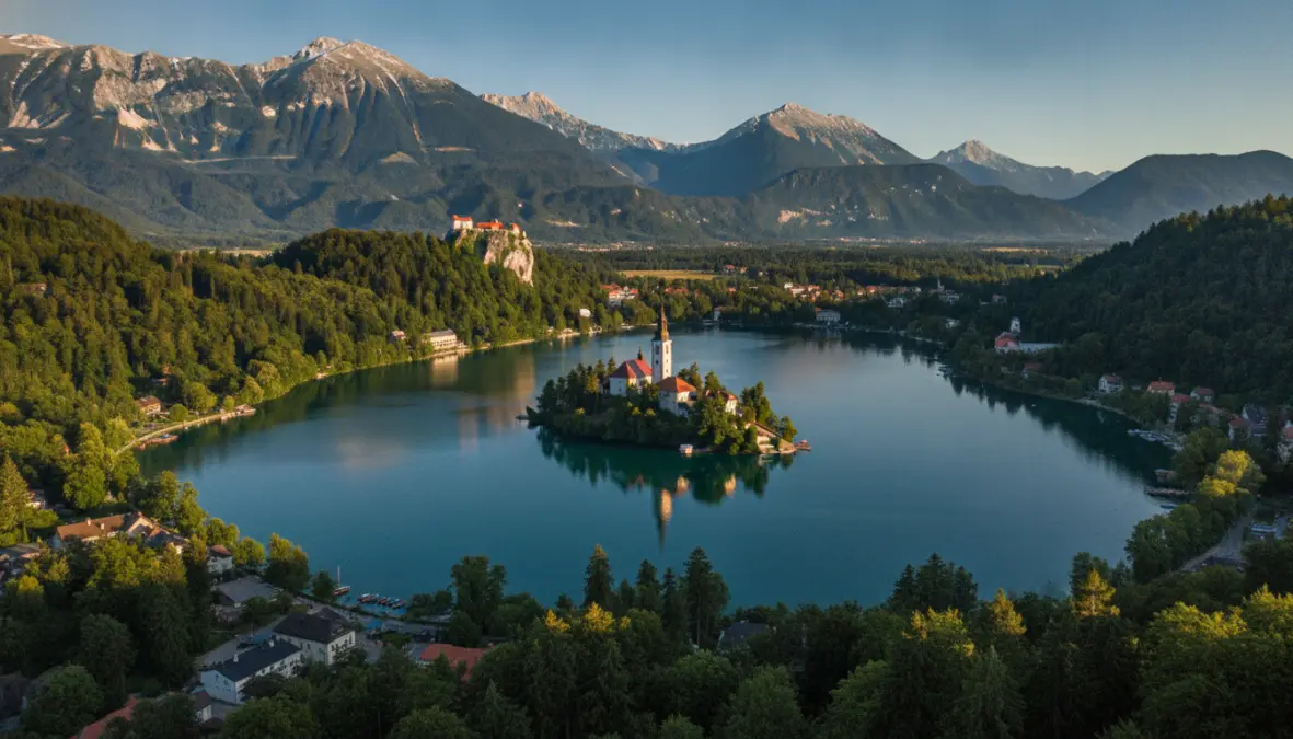Panoramic view of Lake Bled from Mala Osojnica viewpoint showing island church and surrounding Julian Alps