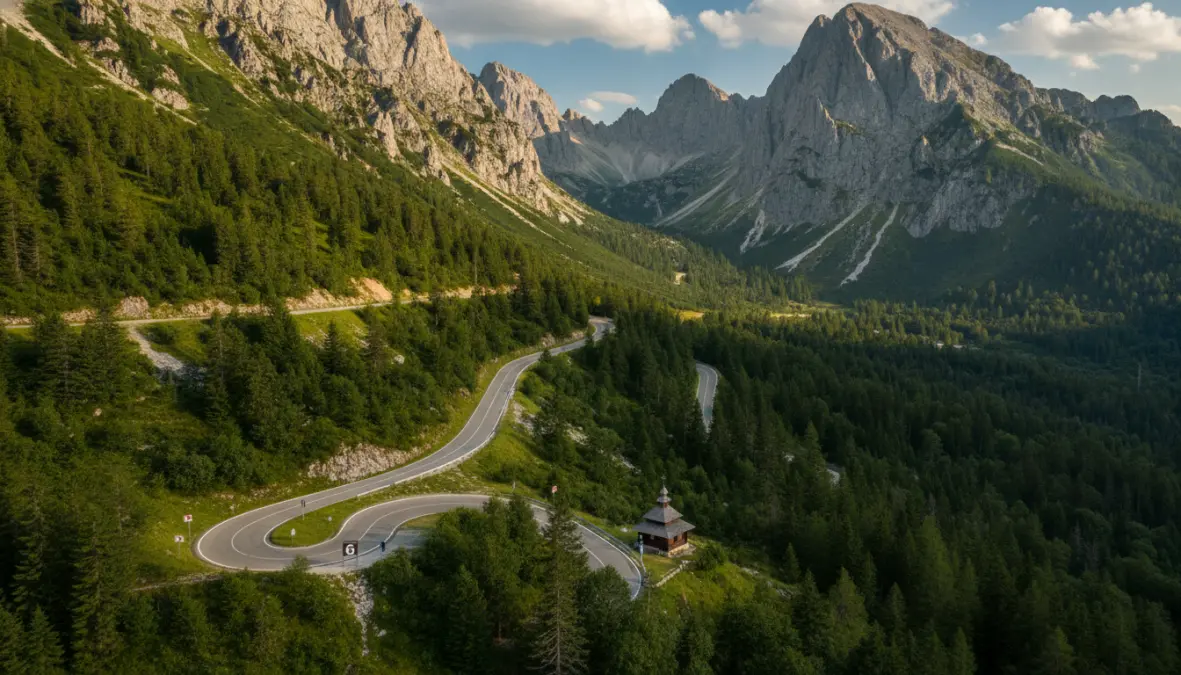 Vršič Pass hairpin turns scenic drive through Triglav National Park in Julian Alps Slovenia