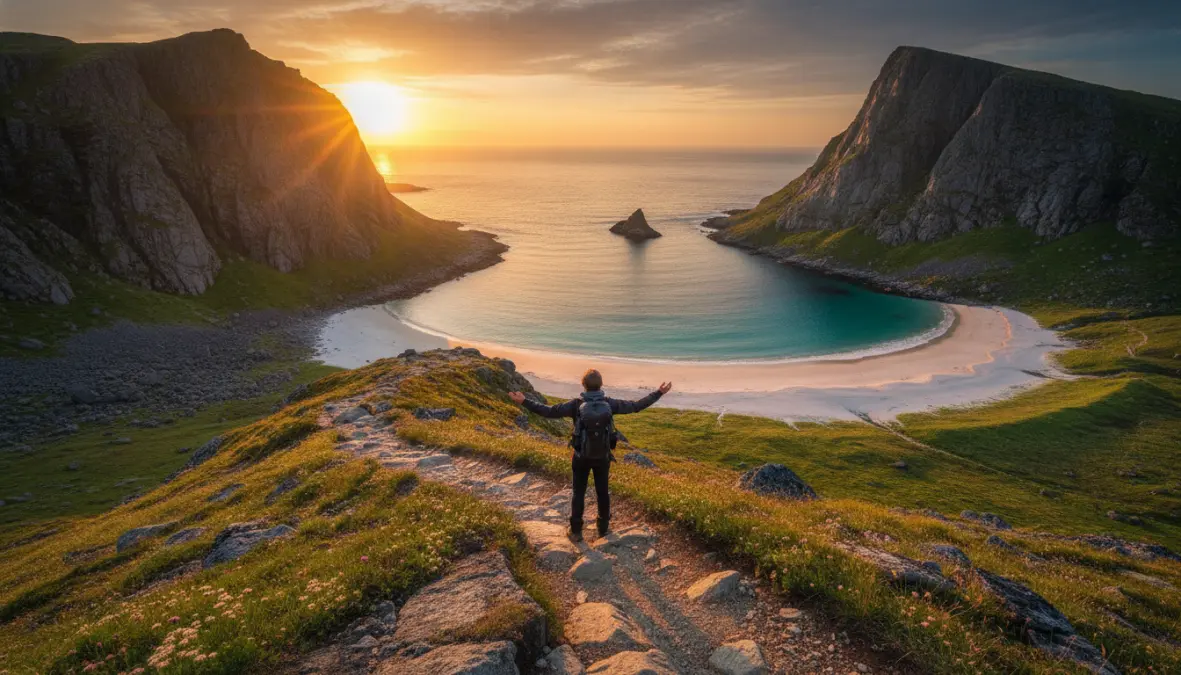 Midnight sun hiking trail overlooking Kvalvika Beach white sand in Lofoten Islands Norway