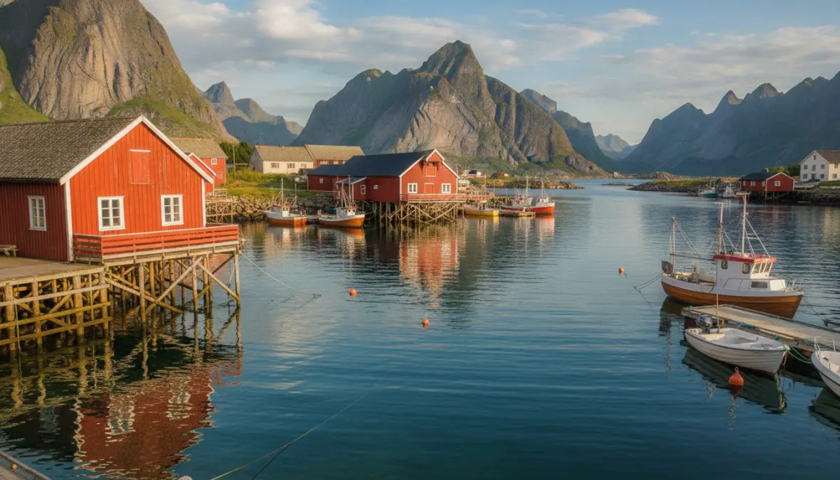 Traditional red rorbu cabins in Henningsvaer fishing village, Lofoten Islands
