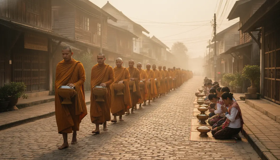 Buddhist monks morning alms ceremony in Luang Prabang, Laos