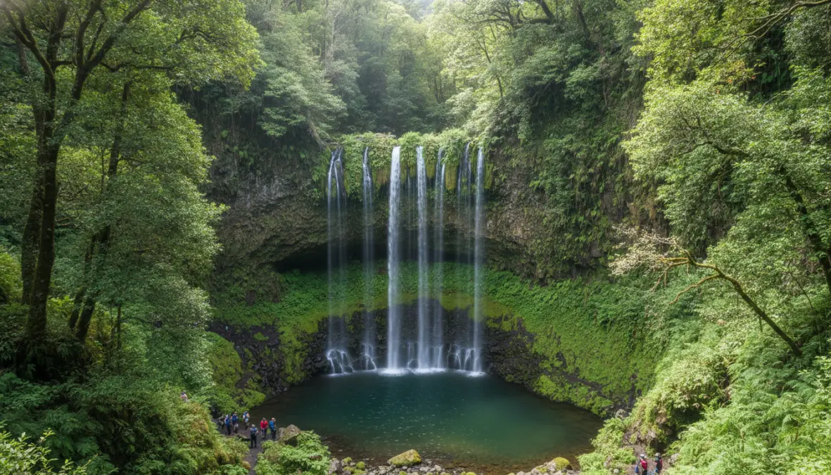 25 Fontes waterfall cascading into natural pool on Levada das 25 Fontes trail in Madeira