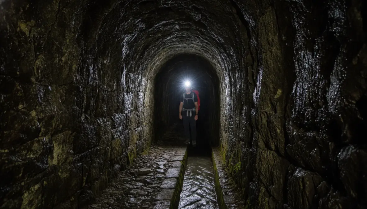 Hiker with headlamp exploring tunnel on Levada do Caldeirão Verde hiking trail in Madeira