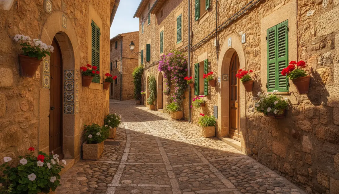 Cobblestone street in traditional Mallorca mountain village with authentic stone houses