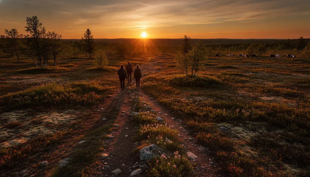 Summer hiking in Finnish Lapland under midnight sun with continuous daylight