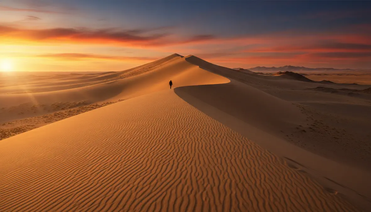 Khongoryn Els singing sand dunes in Gobi Desert Mongolia at sunset