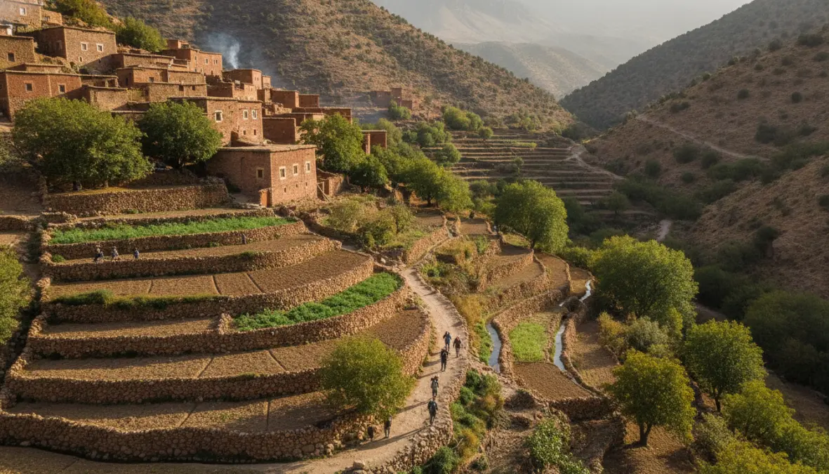 Berber villages trek through traditional Atlas Mountains settlement during Mount Toubkal hiking route