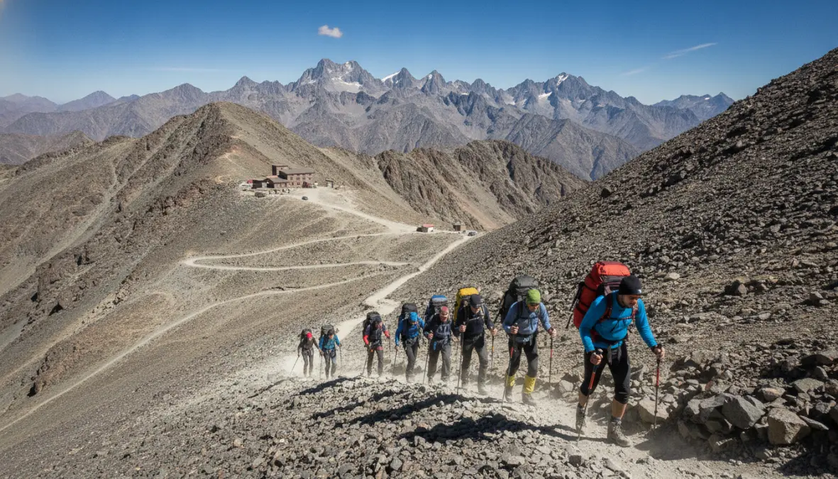 Mount Toubkal hiking trail showing summit route and Toubkal refuge base camp