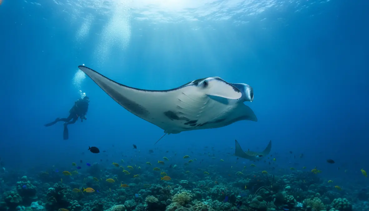 Manta ray diving a Tofo Beach Mozambico, una delle migliori attività di snorkeling e immersioni