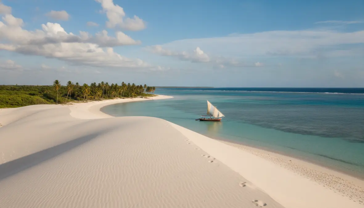 Arcipelago di Bazaruto con dune di sabbia bianca e dhow tradizionale, destinazione per island hopping in Mozambico