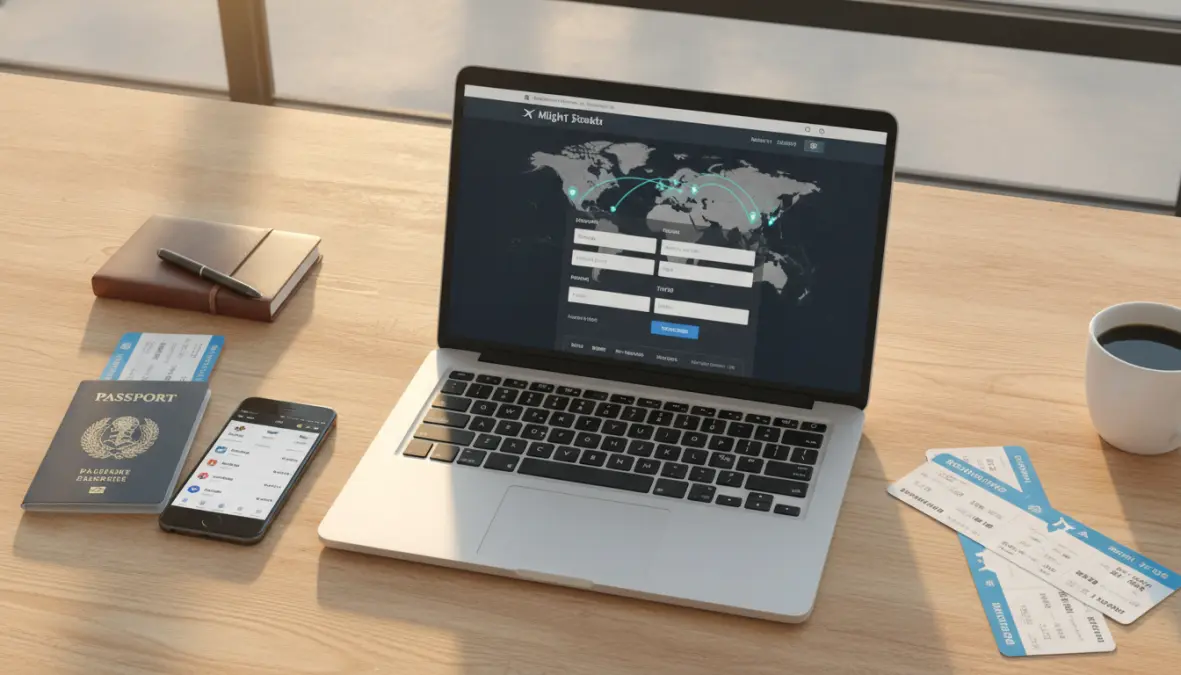 Multi city flight booking interface on laptop with route planning map and travel documents