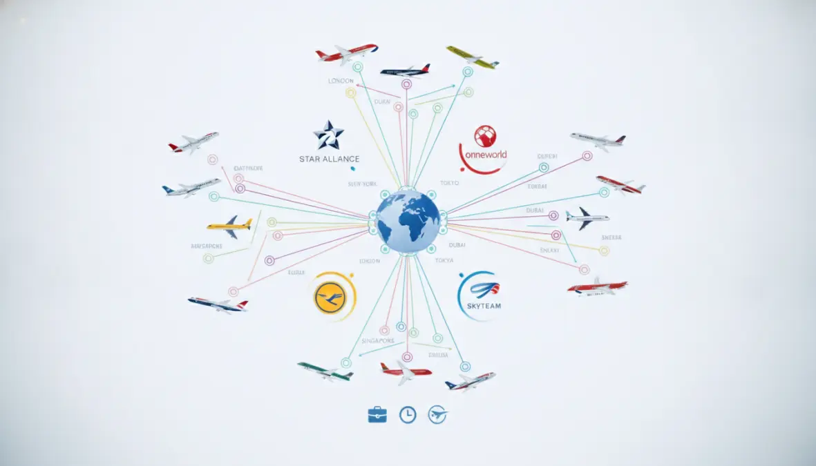 Airline alliances and connecting flights network diagram for multi-stop flight planning