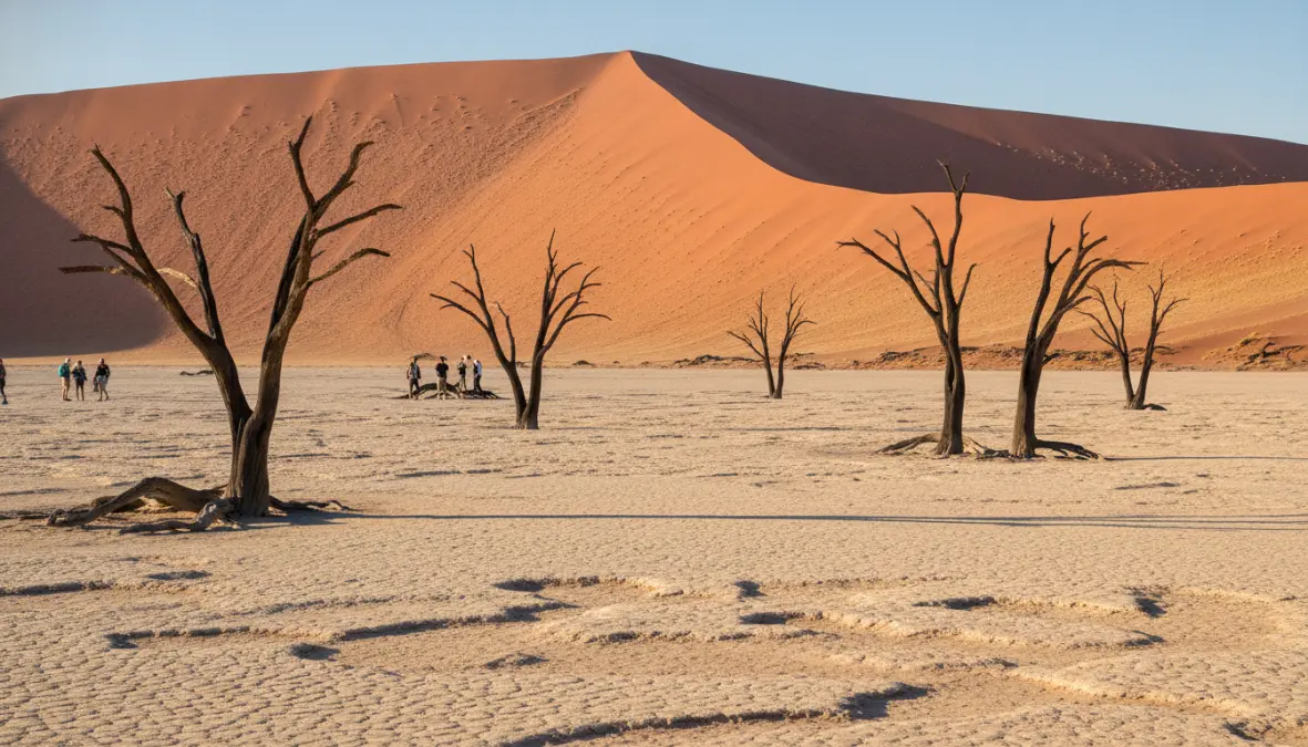 Ancient dead trees in Deadvlei Namibia with red sand dunes backdrop