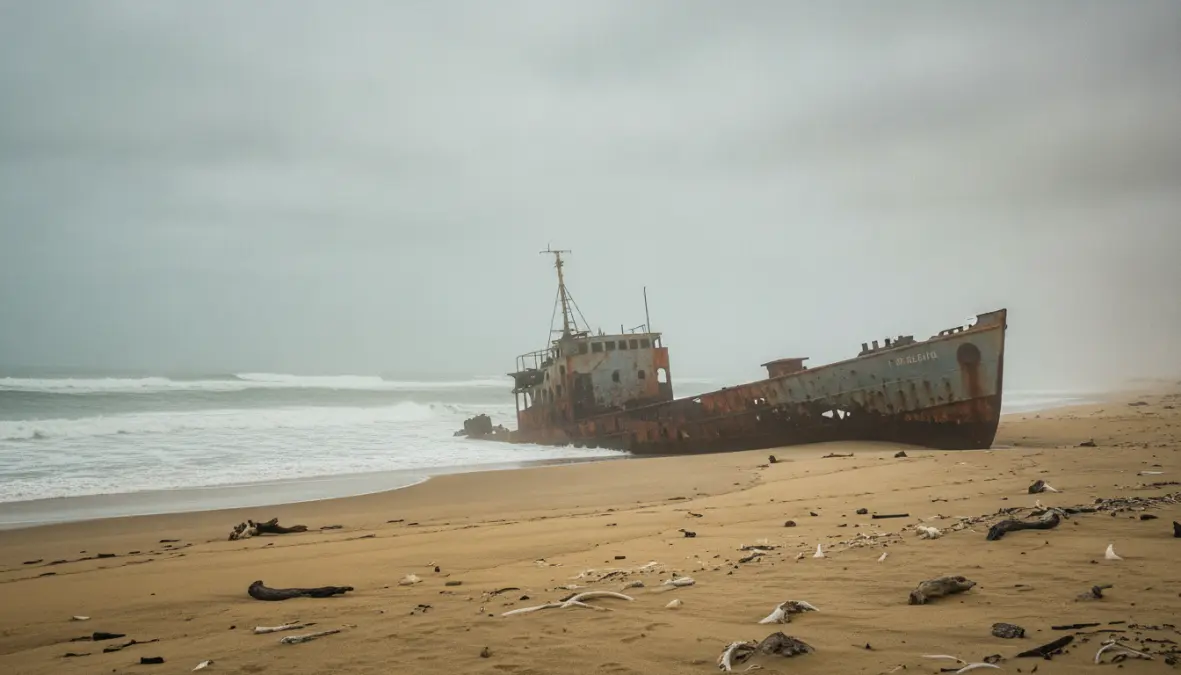 Skeleton Coast shipwreck on Atlantic coastline Namibia desert safari