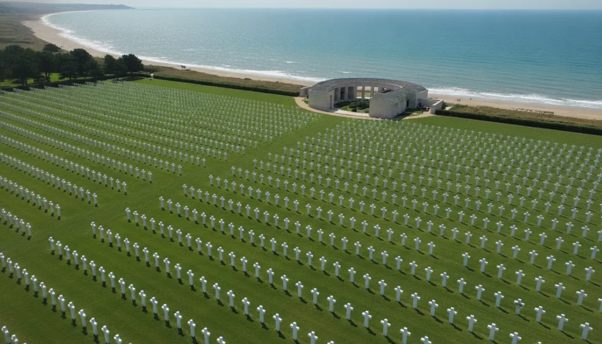 American Cemetery Normandy with white crosses overlooking Omaha Beach D-Day landing site