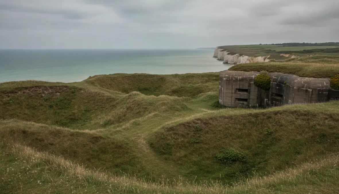 Pointe du Hoc bombing craters and German bunkers at Normandy D-Day landing beaches