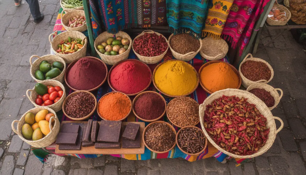 Traditional Oaxacan market displaying mole, chiles and local ingredients at Benito Juarez market