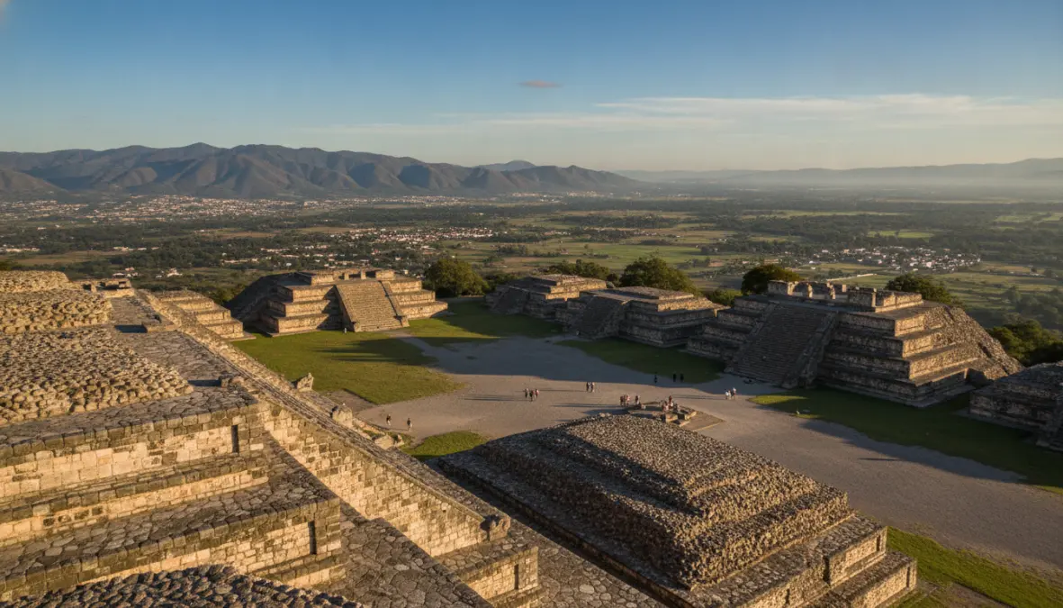 Ancient Zapotec pyramids and grand plaza at Monte Alban ruins near Oaxaca Mexico