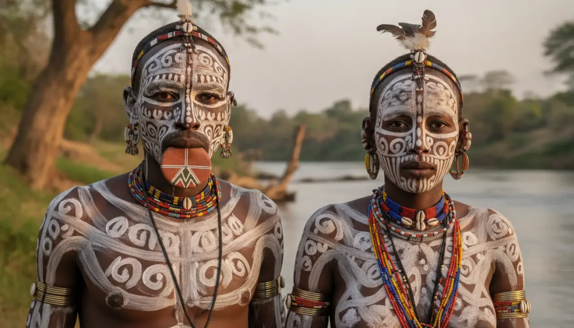Karo tribe members displaying traditional body painting and cultural decorations in Omo Valley
